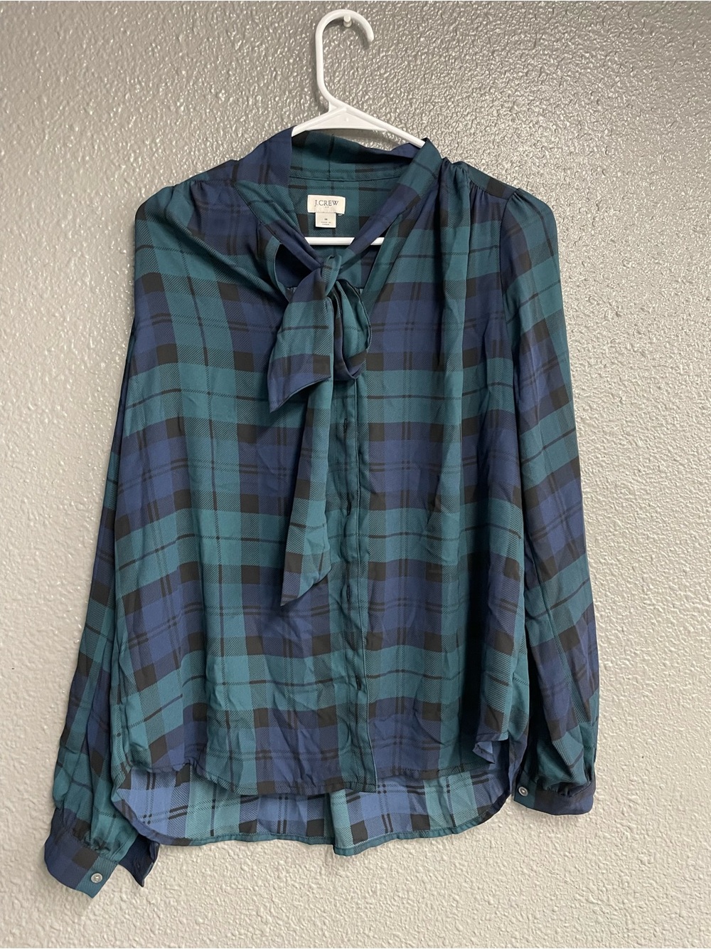 J. Crew Teal and Navy Plaid Tie-Neck Blouse